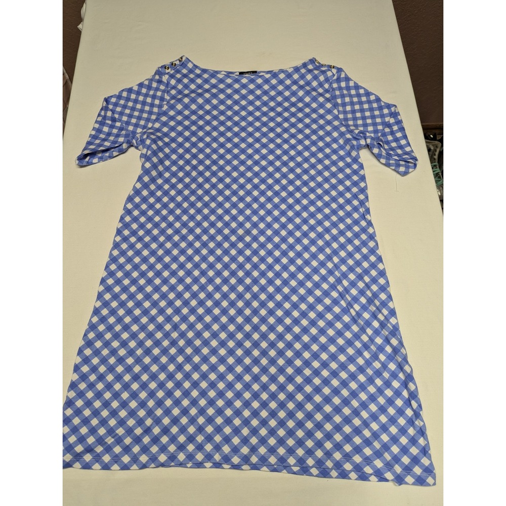 Jones New York‎ Signature Blue Gingham Boat Neck Top Gold Shoulder Buttons Large